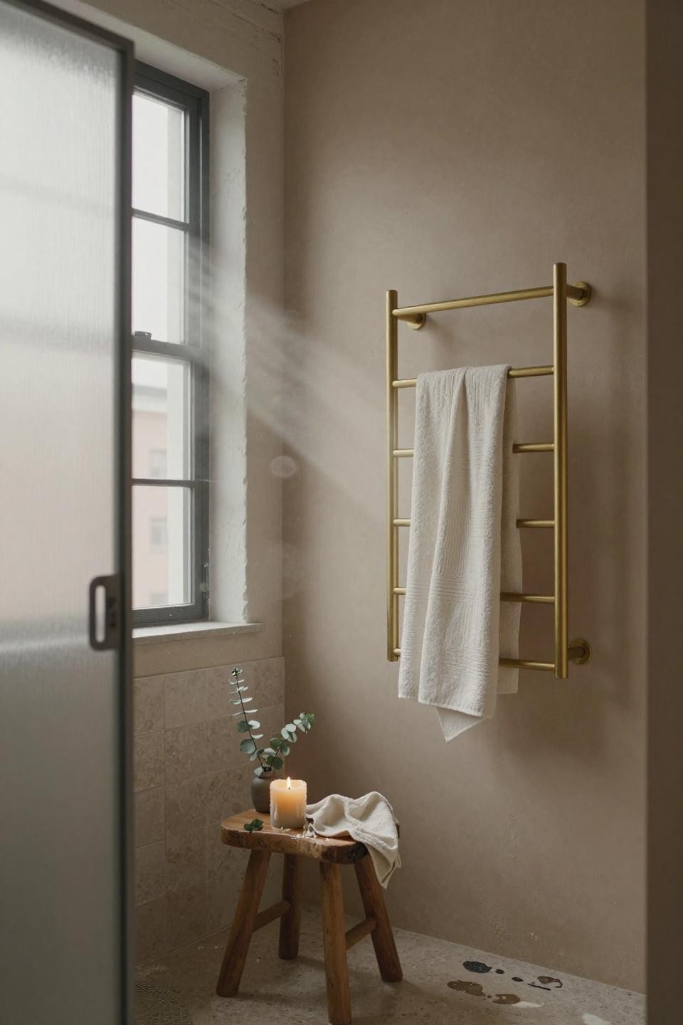 Small Bathroom Towel Hanging Ideas - brass ladder in small space