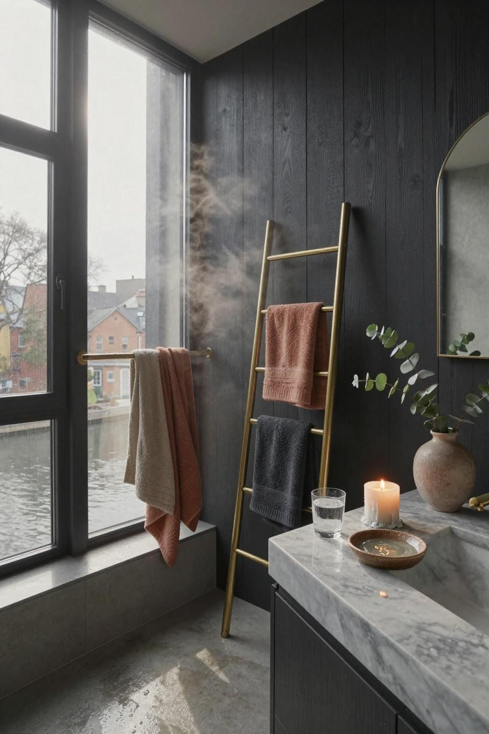 Towel Rack Bathroom - brass ladder rack with earth-tone towels