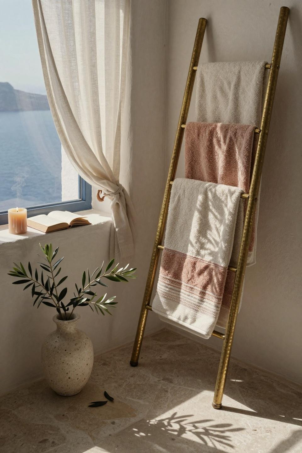 Bath Towels Display Hanging - closeup brass and marble textures