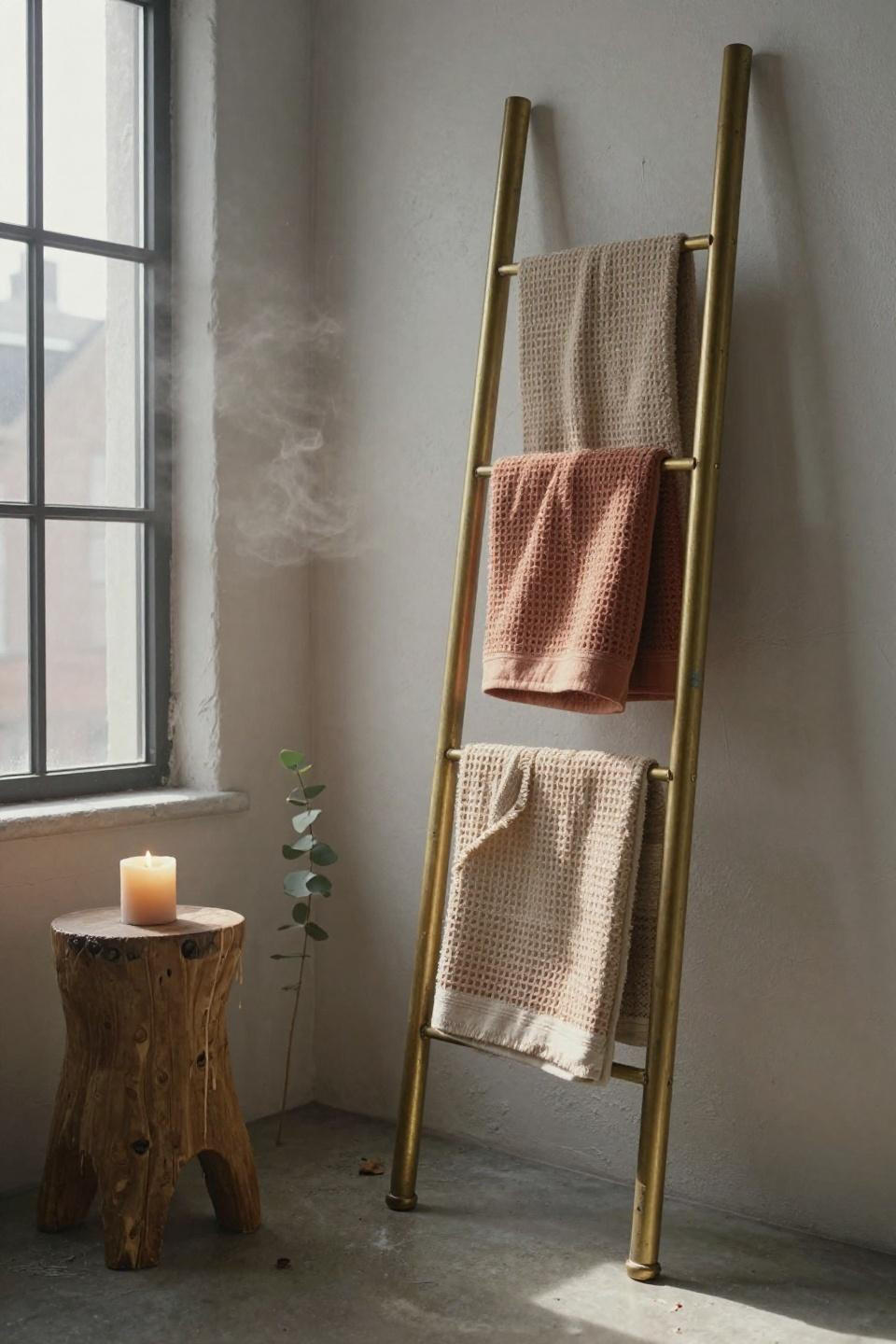 Wall Towel Rack - brass ladder on lime-washed plaster