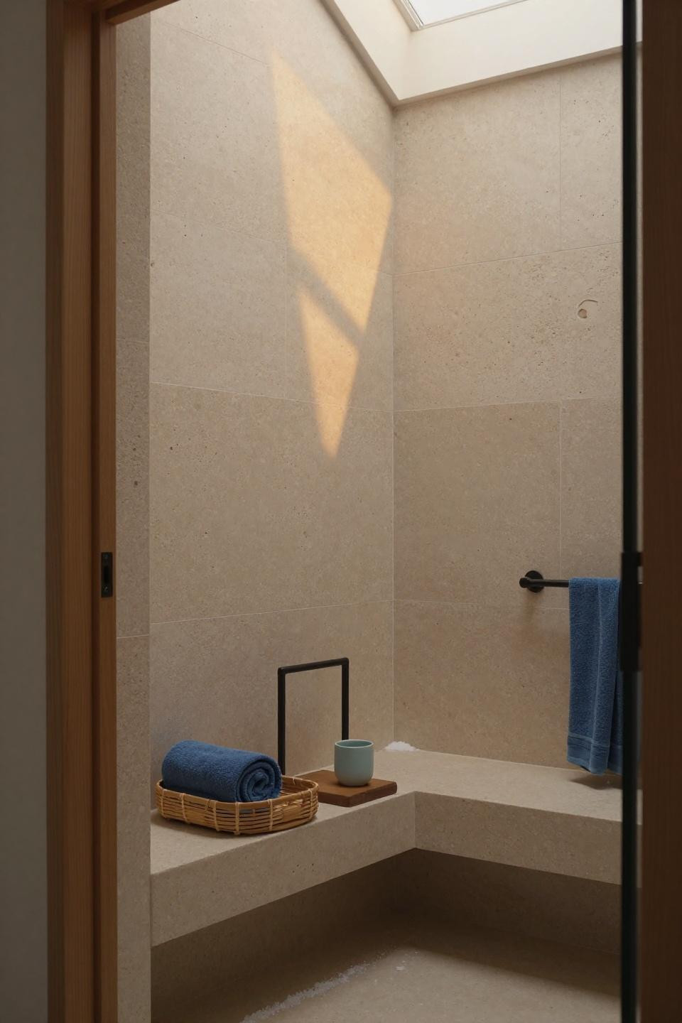 microcement bathroom - minimalist travertine bench carved into timber-framed alcove with clerestory light
