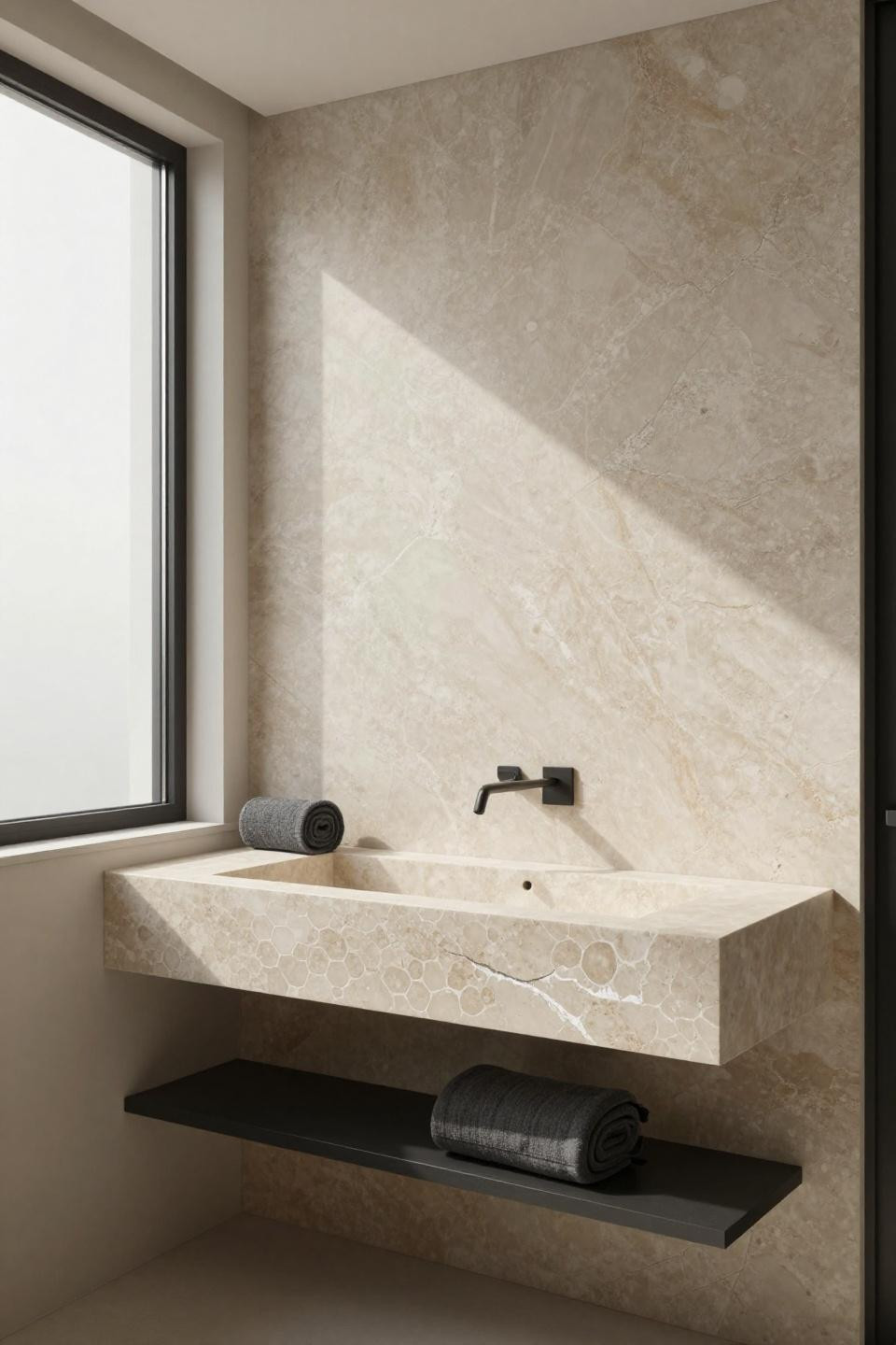 travertine shower - wall-hung pale travertine console with integrated rectangular basin carved into stone