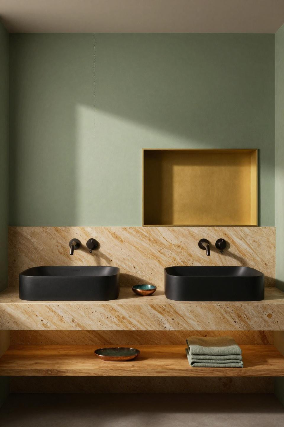 limestone bathroom - contemporary travertine double vanity with matte black vessel sinks and brass lighting