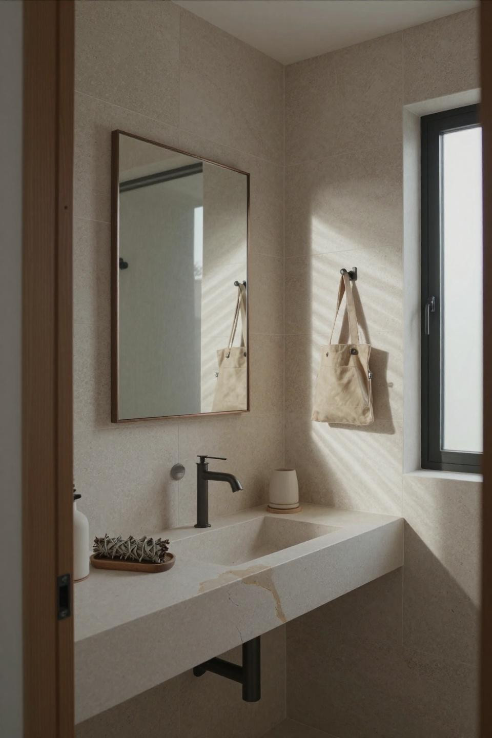 japandi bathroom - pale travertine honeycomb slabs with bronze mirror and integrated trough sink