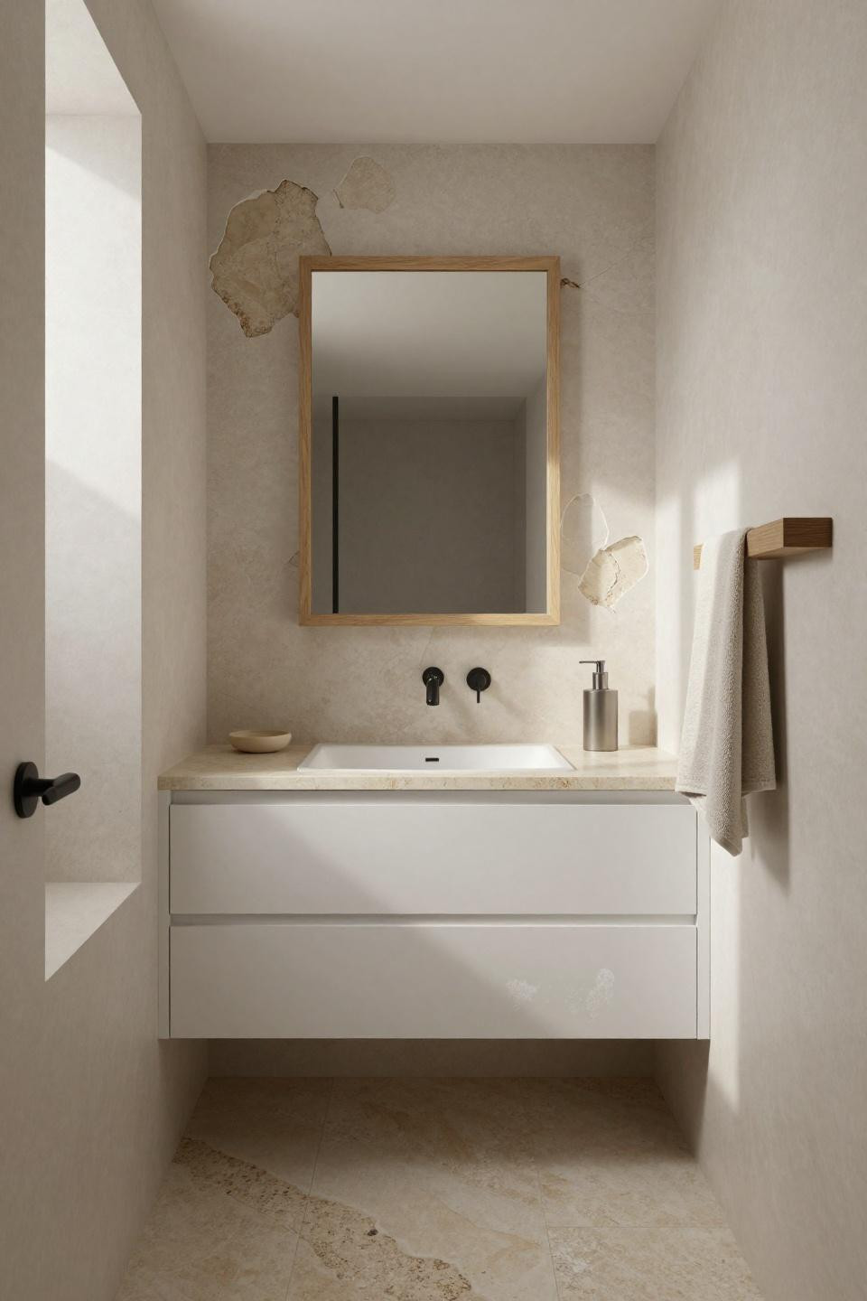 japandi bathroom - floating white oak vanity with integrated travertine countertop and wood-framed mirror