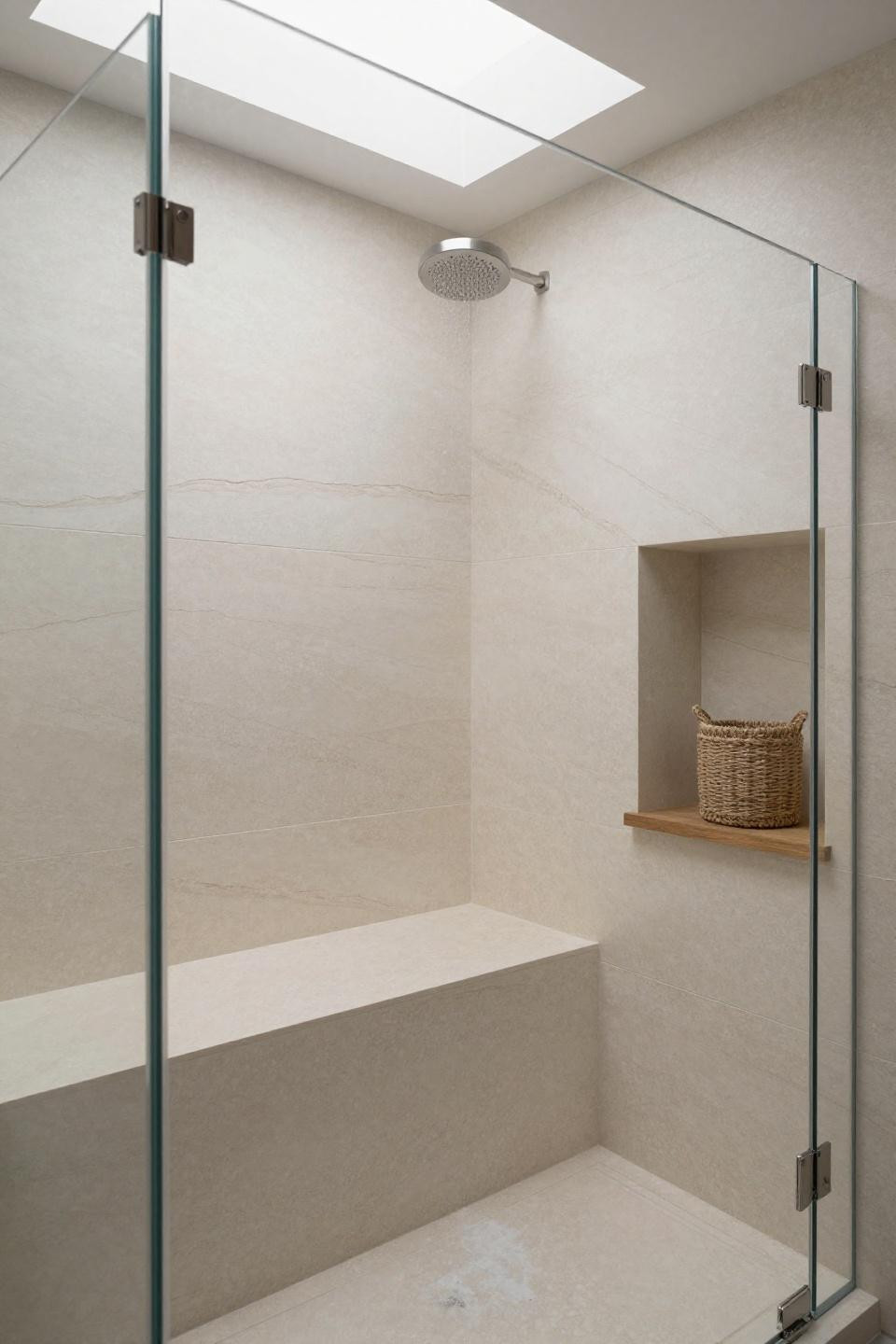 travertino bathroom design - frameless glass shower with seamless pale travertine bench integrated into wall