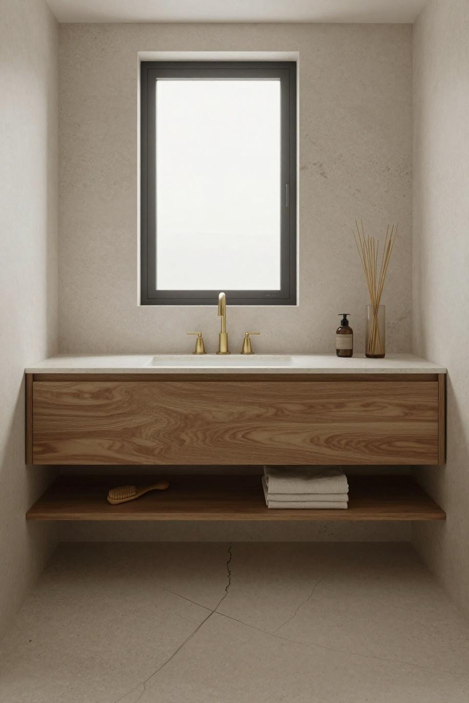 japandi bathroom - floating teak vanity with integrated travertine countertop and unfilled cream stone floor and walls