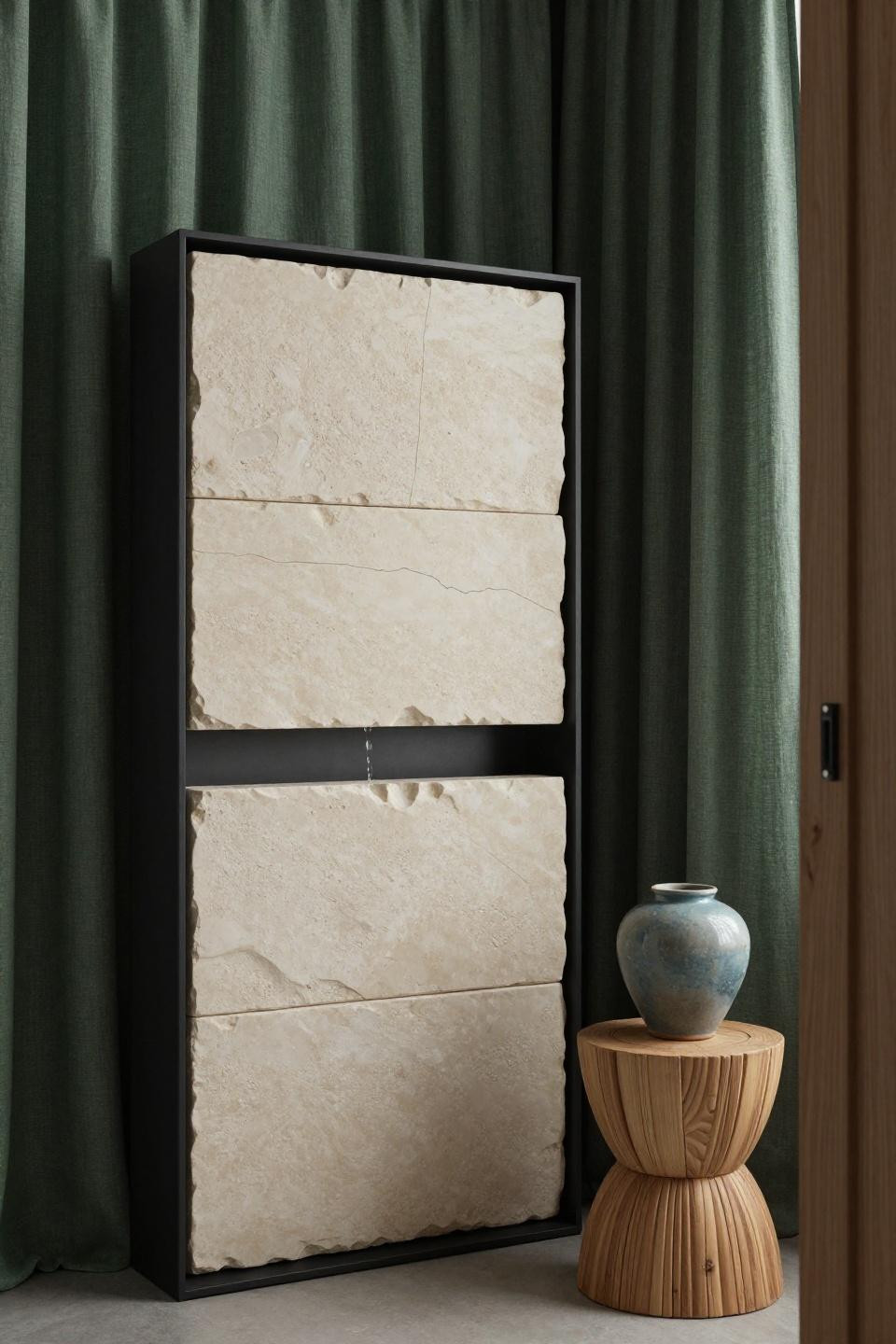 natural bathrooms - freestanding pale travertine water feature wall with cascading overflow channel