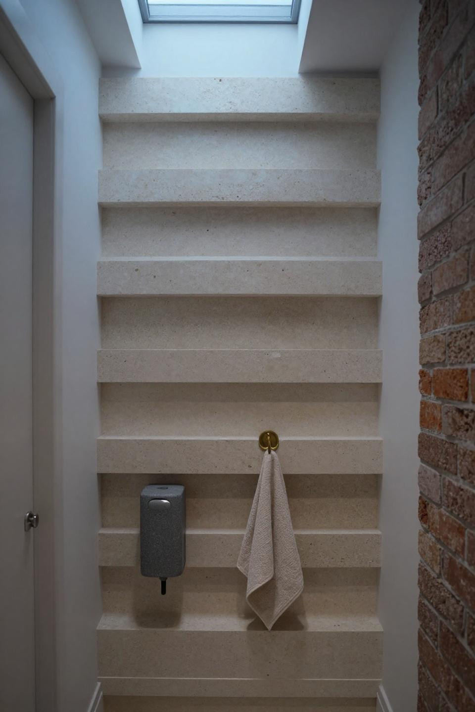 modern organic bathroom - hand-stacked pale travertine slabs offset horizontally creating shadow ledges