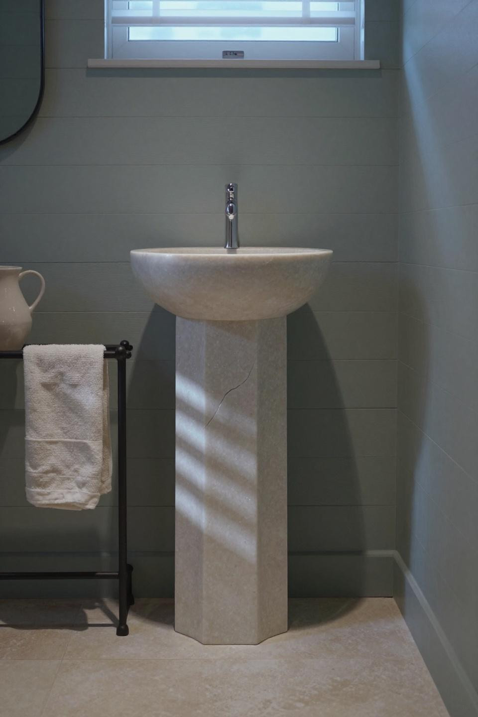 natural bathrooms - freestanding sculptural travertine column pedestal with carved basin against sage-washed timber wall