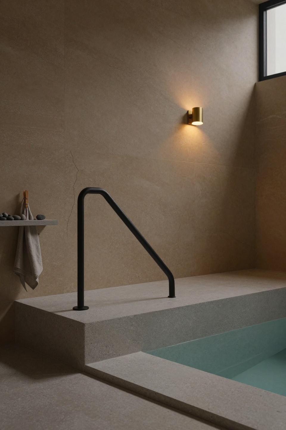 limestone bathroom - minimalist concrete soaking platform with flush integrated travertine lip and brass sconce