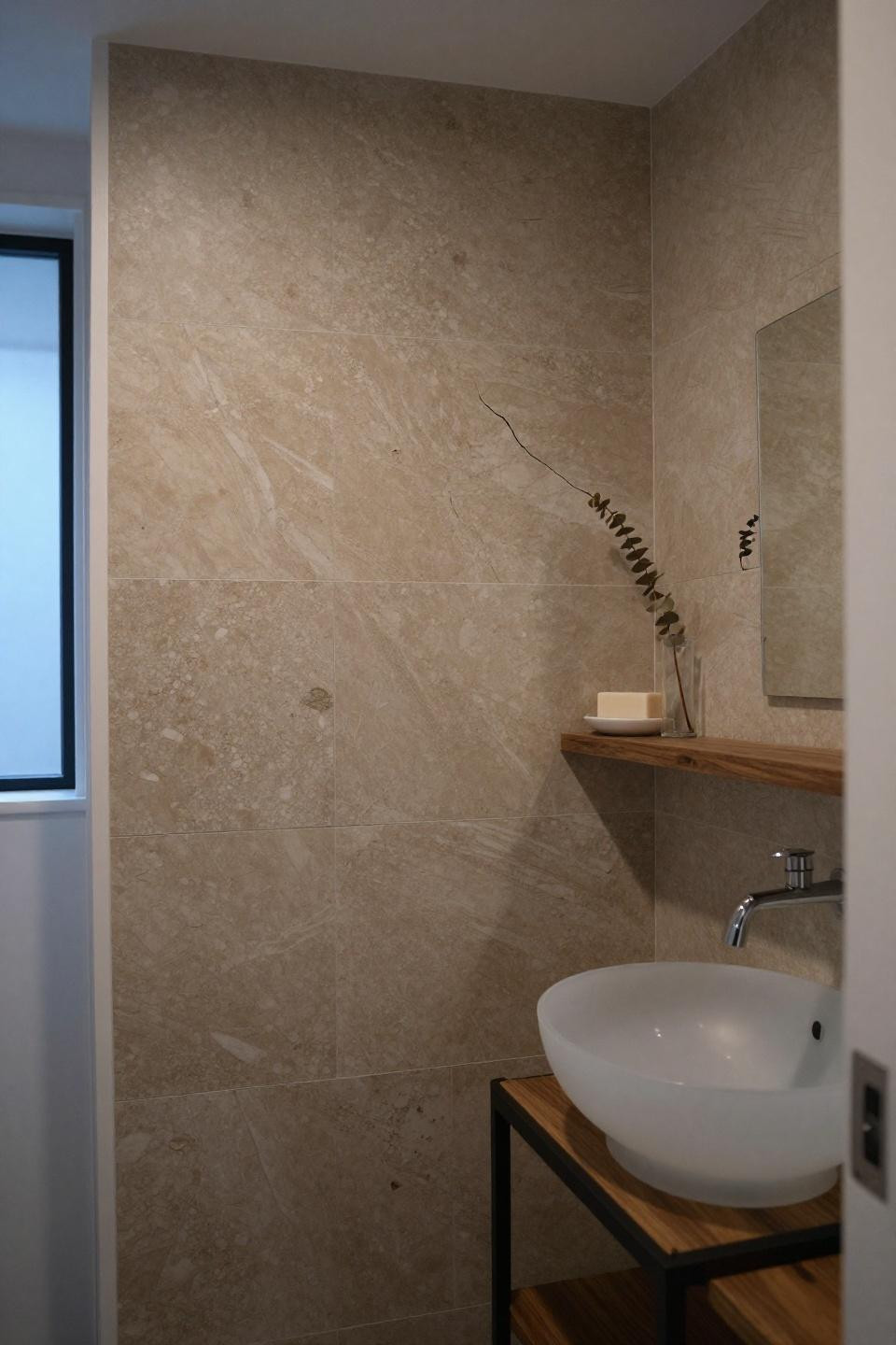 microcement bathroom - full-height stacked travertine accent wall with floating walnut shelf and frosted glass sink
