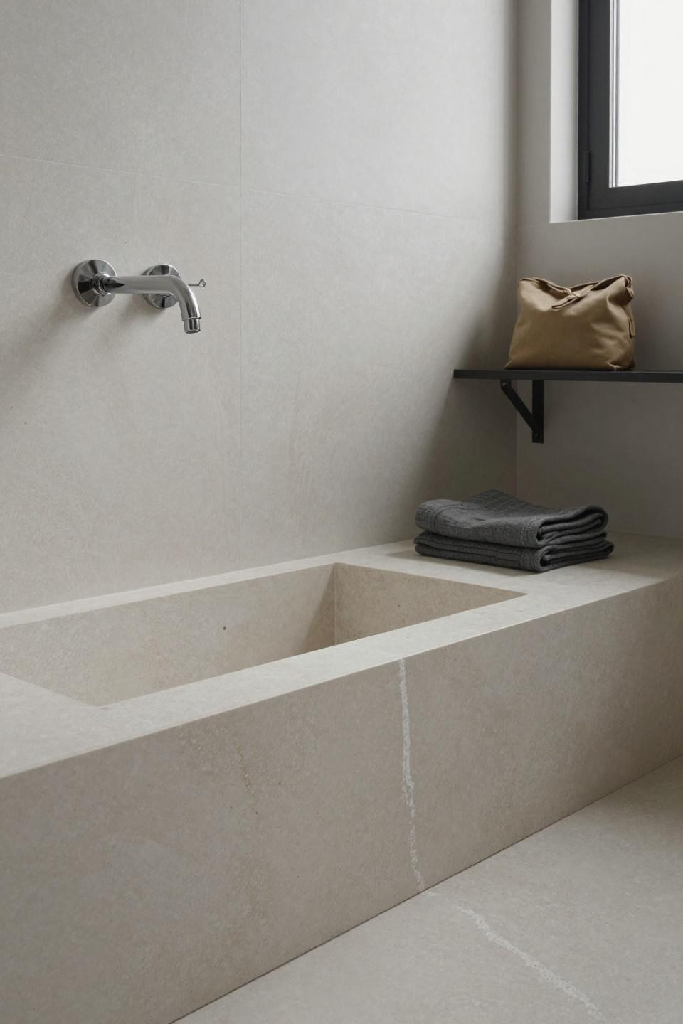 stone bathroom ideas - sunken concrete platform with seamless travertine inlay edge and floor-to-ceiling stone slabs