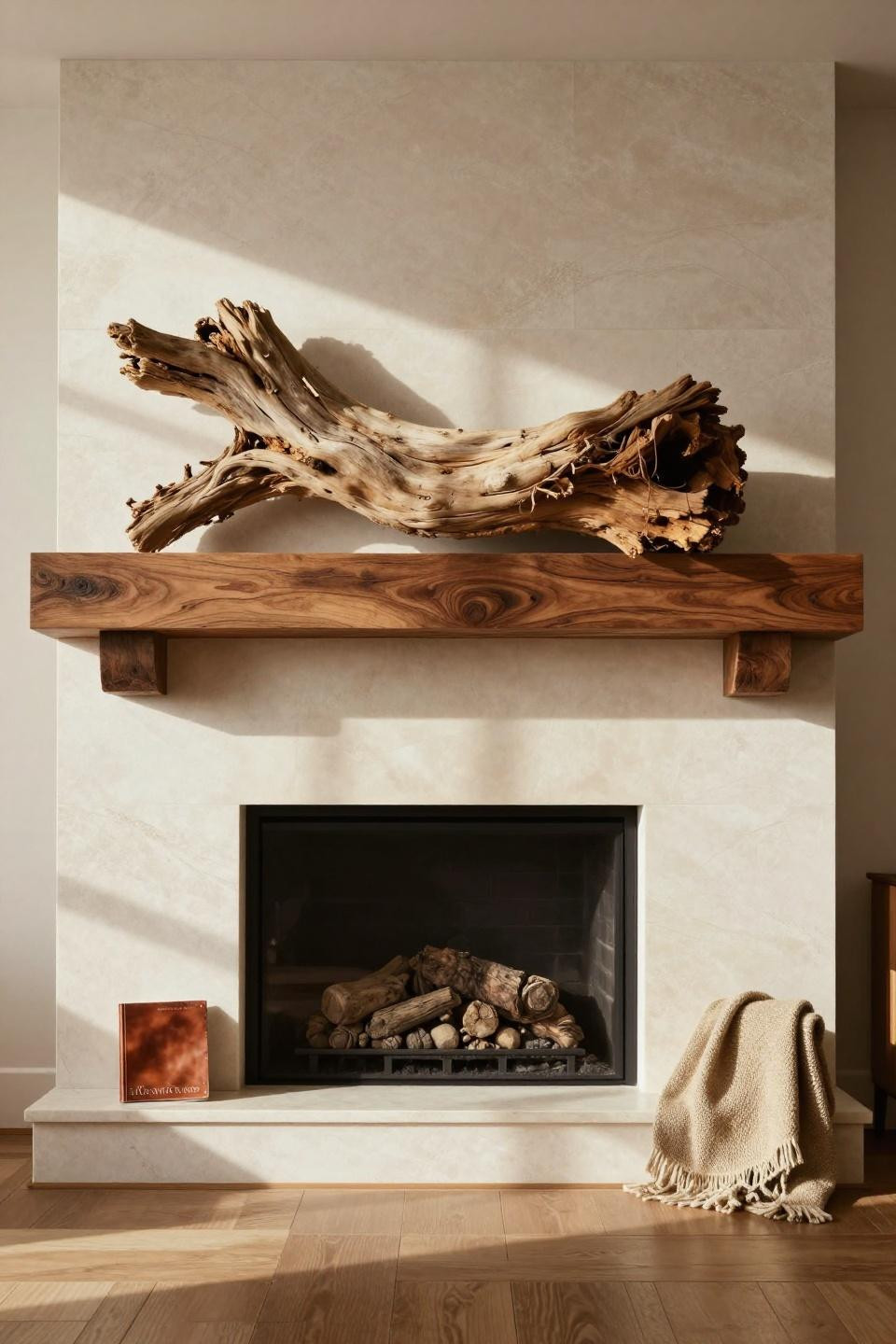 Living Room Mantle Decor - travertine fireplace with walnut beam