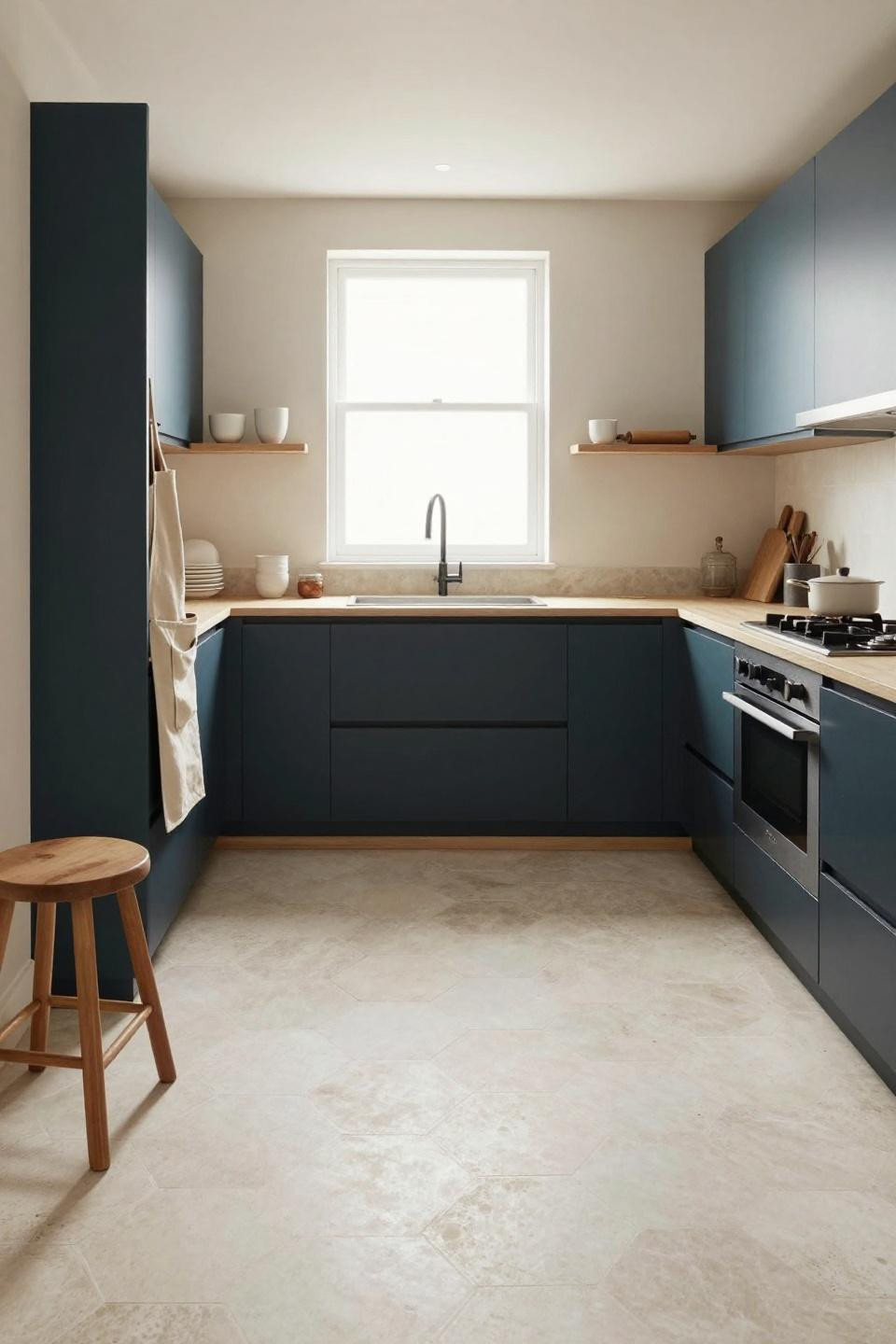 kitchen tile floor next to hardwood - pale travertine hexagonal tiles
