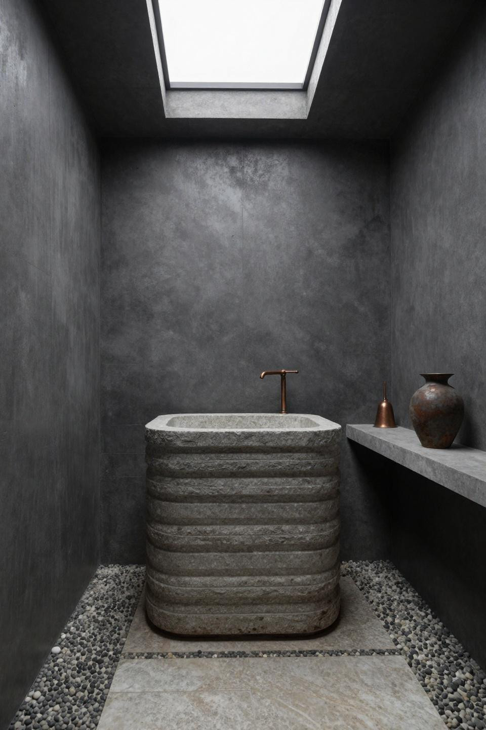 timeless bathroom - freestanding sculptural travertine pedestal sink with horizontal carved striations