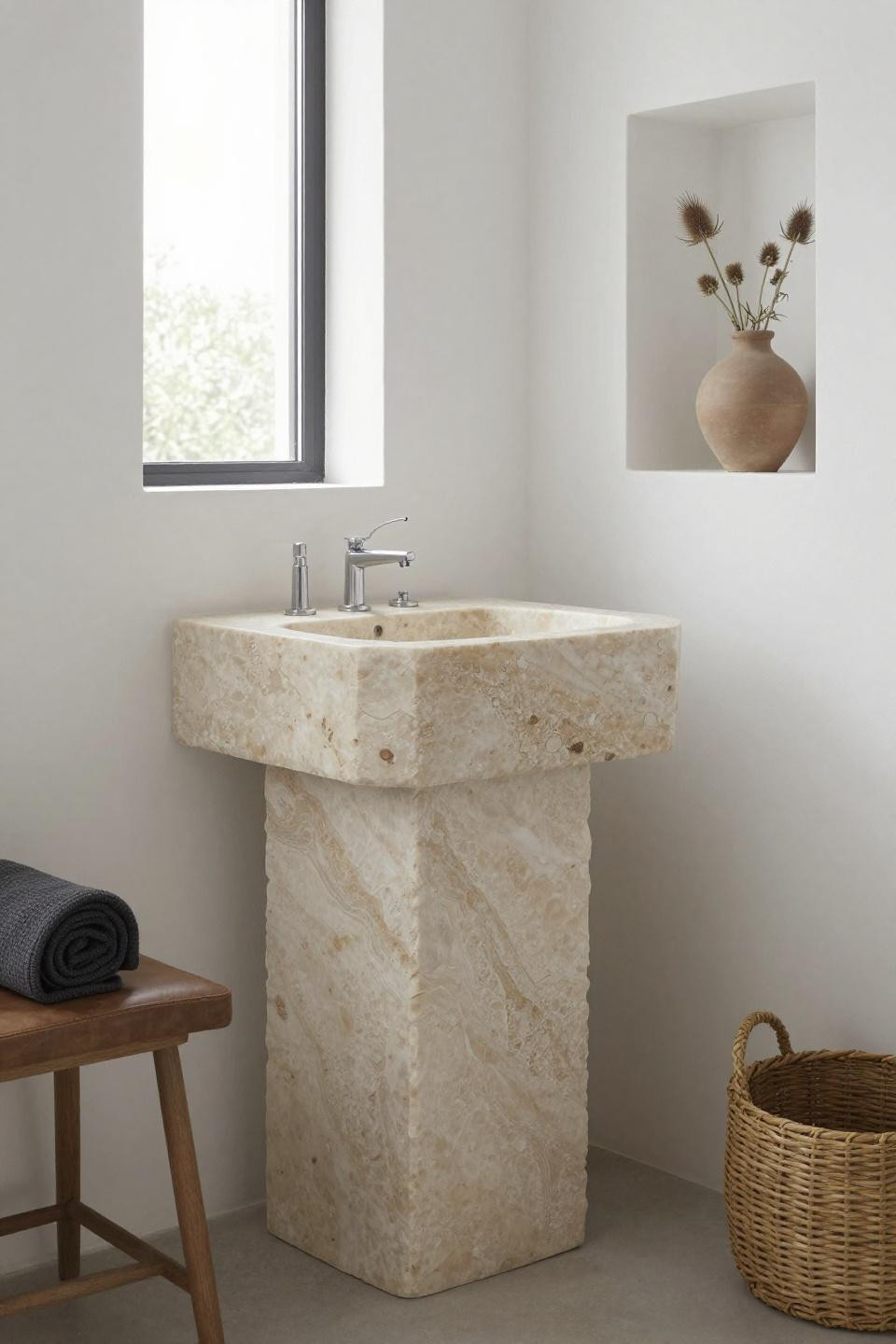Earthy bathroom ideas - travertine pedestal sink with fossil impressions