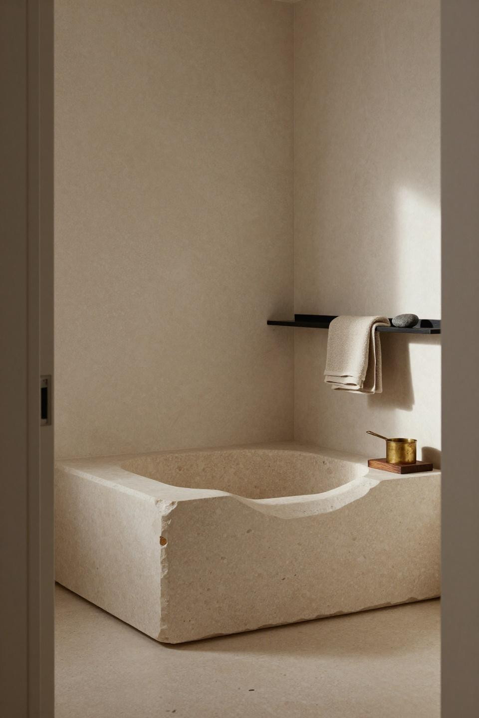 travertino bathroom design - semi-recessed travertine soaking platform carved from single stone block with hand-carved lip