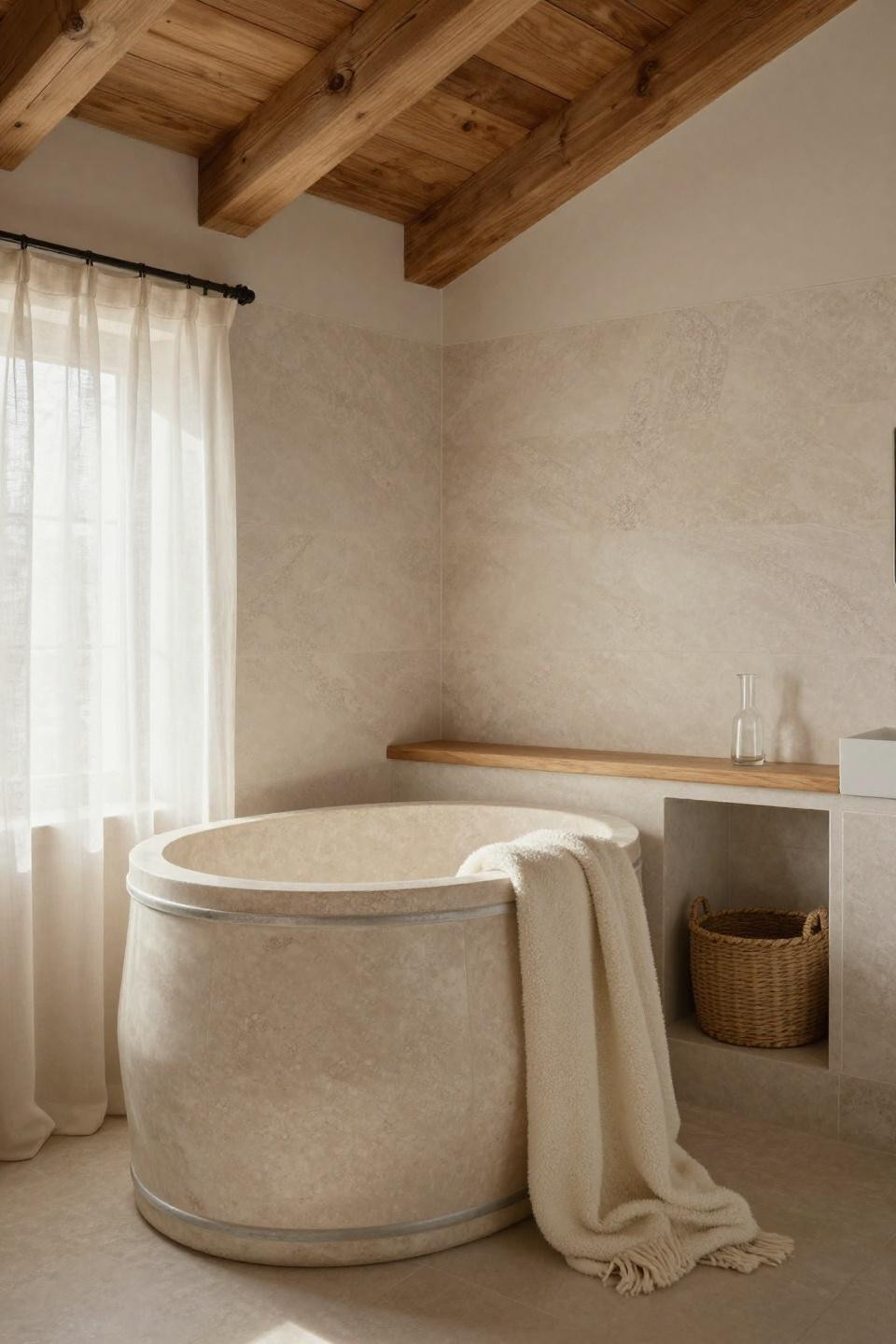 modern organic bathroom - barrel-shaped soaking vessel hand-carved from single pale travertine block