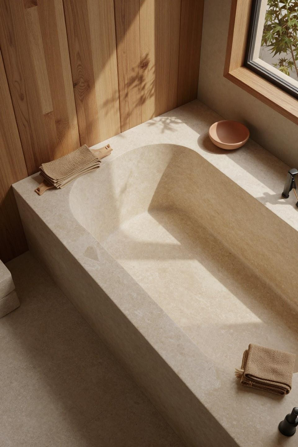 stone bathroom ideas - hand-chiseled travertine soaking tub carved from single warm cream block with organic lip edge