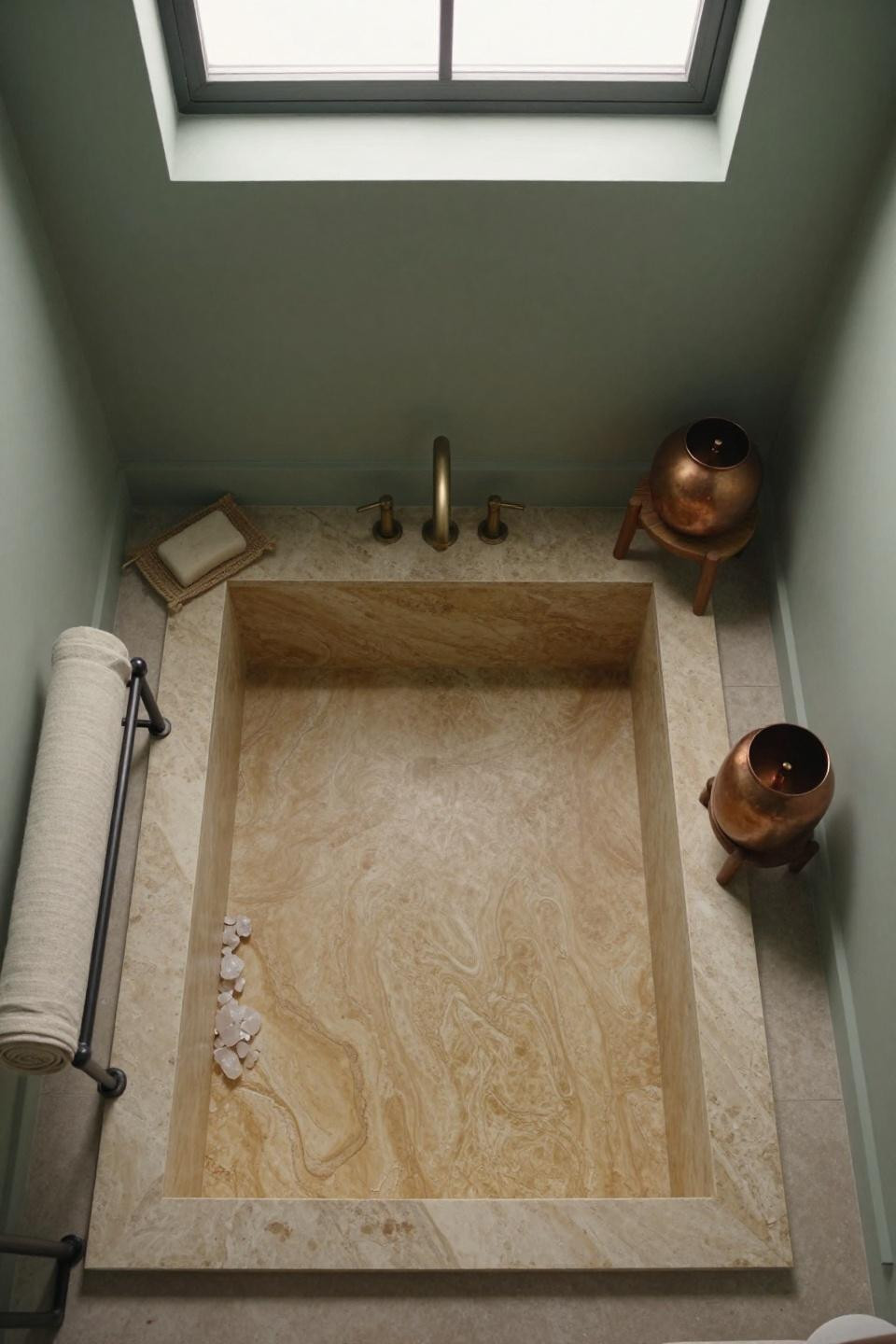 travertine bathroom floors - sunken rectangular platform with warm honey slabs and sage green walls