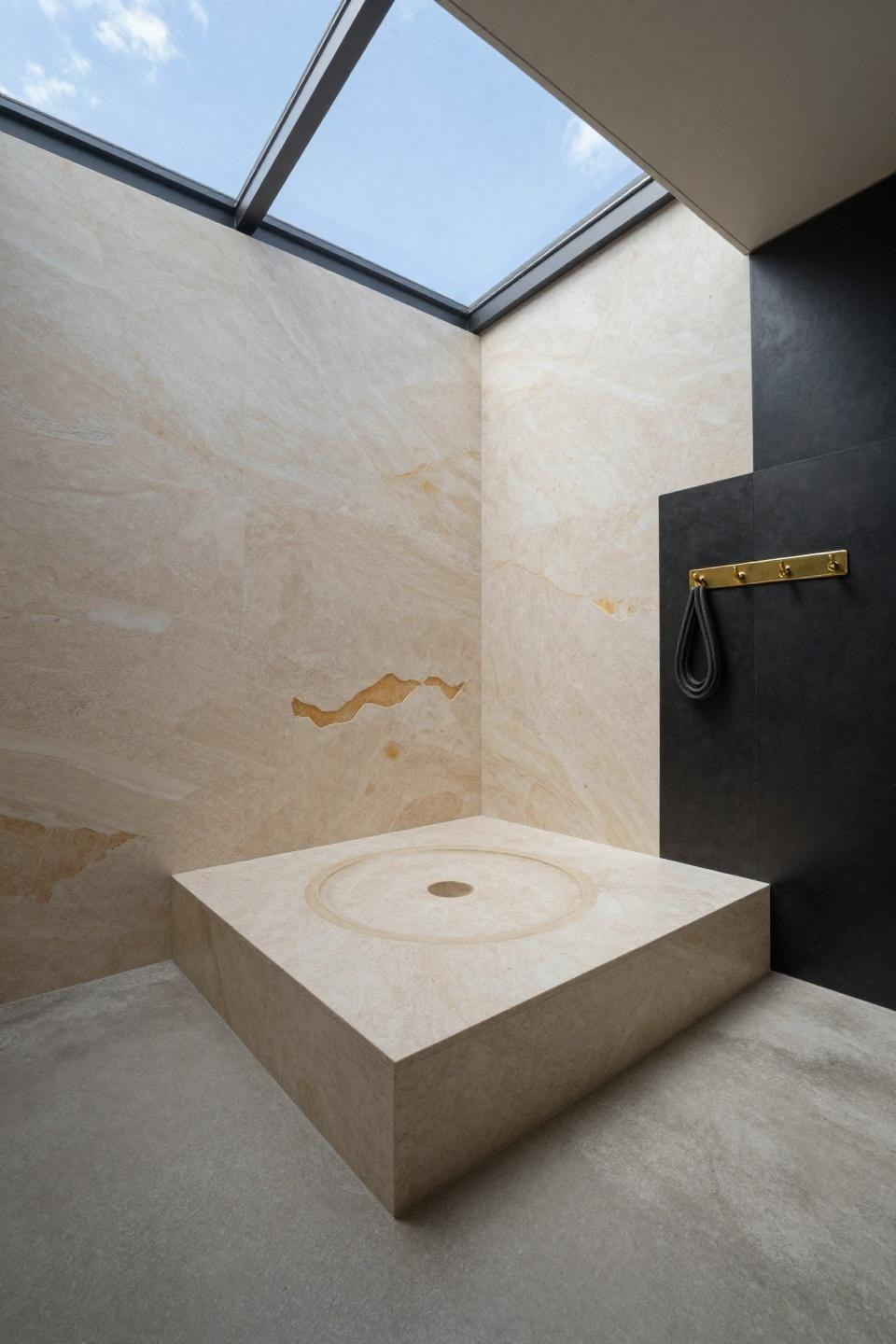 travertine bathroom floors - sunken soaking platform recessed below polished concrete floor with overhead skylight