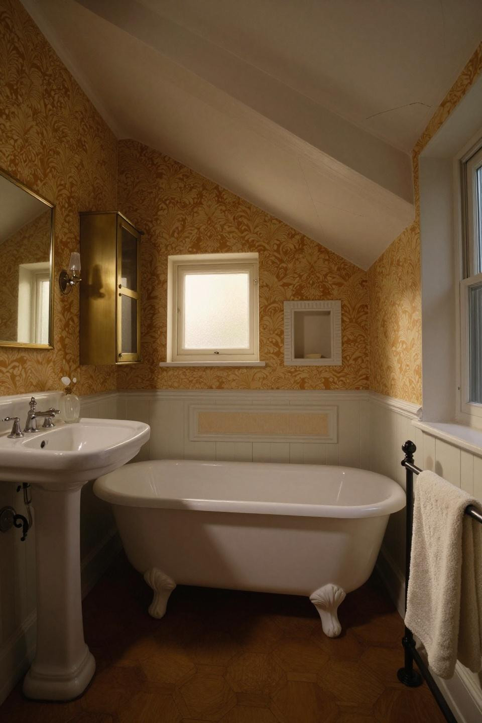 Victorian bathroom with clawfoot tub under sloped ceiling