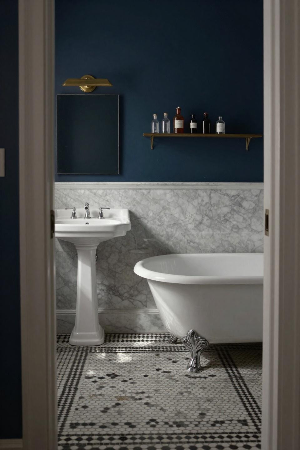Victorian bathroom with navy walls and marble wainscoting