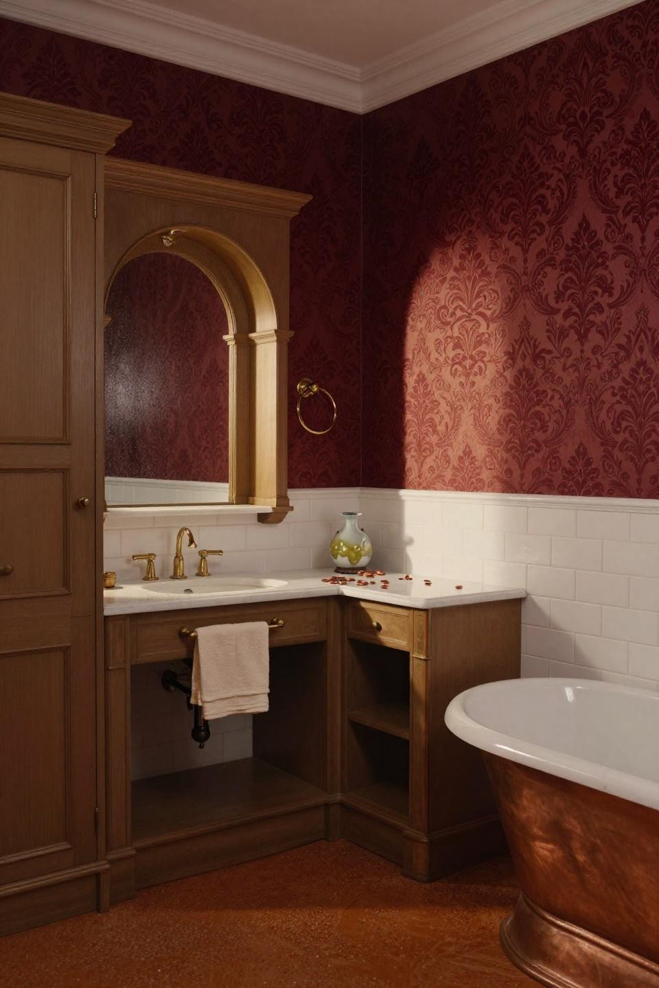 Victorian bathroom with dual vanity and copper tub