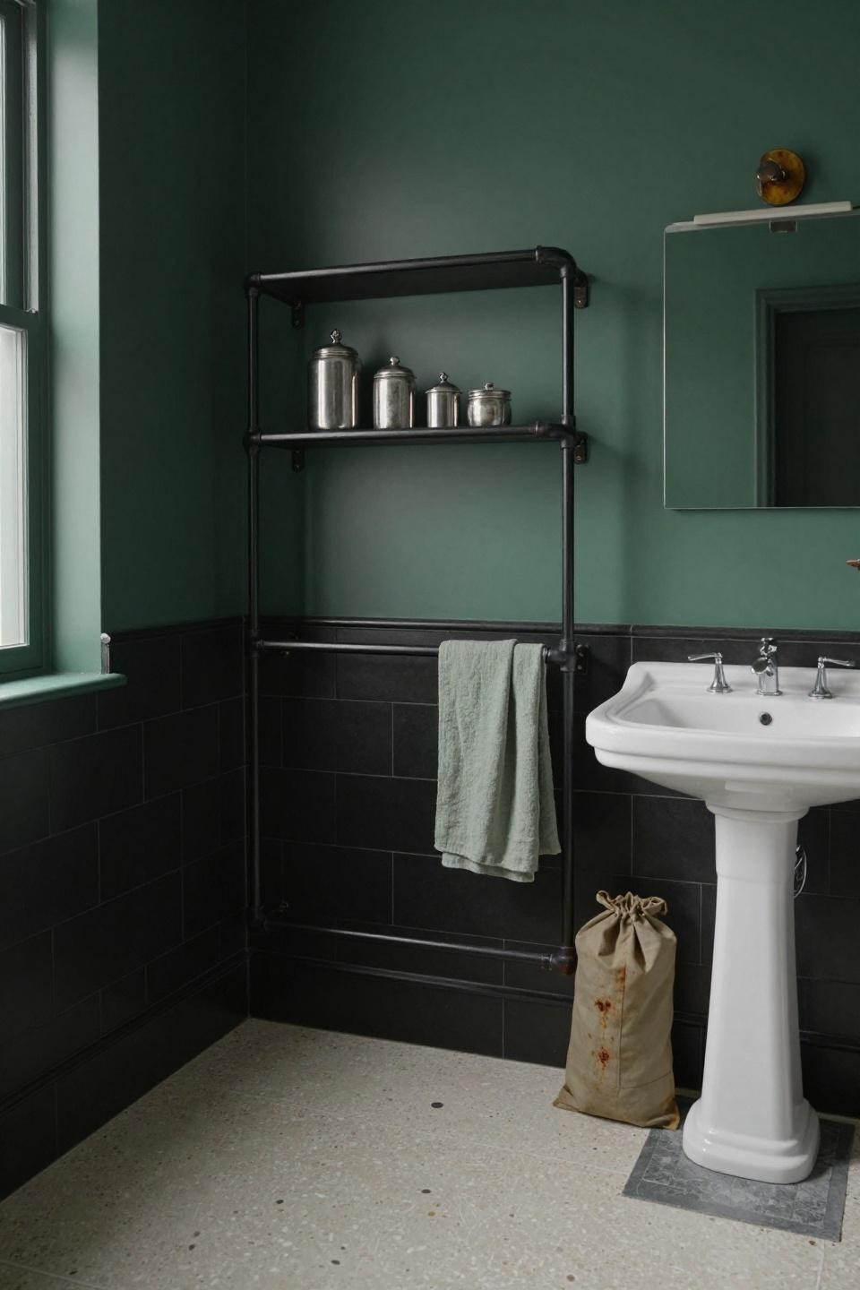 Victorian bathroom with blackened steel pipe shelving