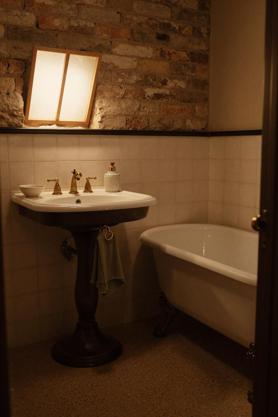 Victorian bathroom with clawfoot tub in cast-iron alcove
