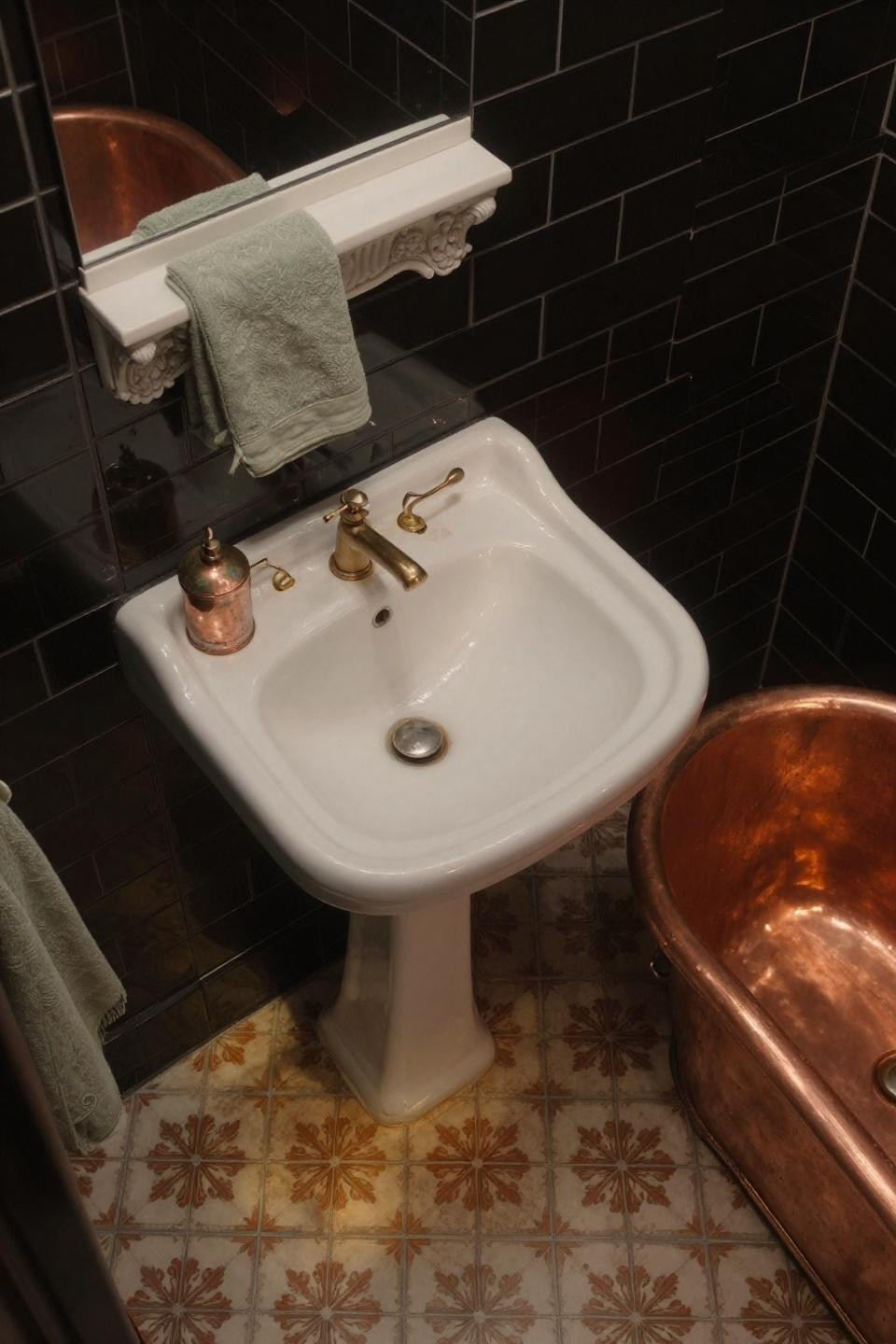 Victorian bathroom with copper tub and Art Nouveau floor tiles