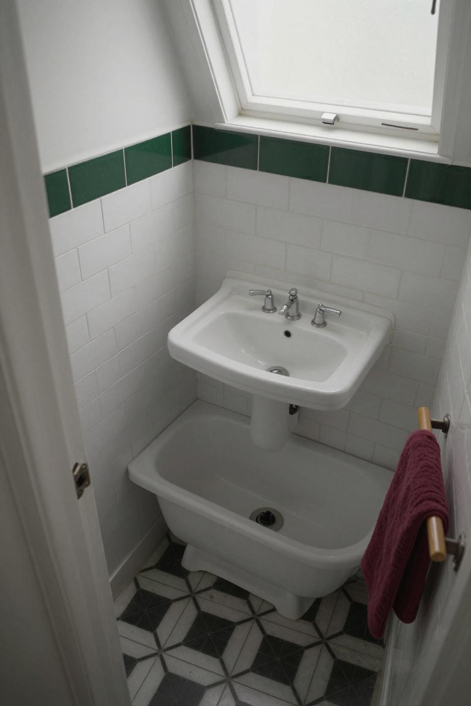 Victorian bathroom with hunter green subway tile stripe