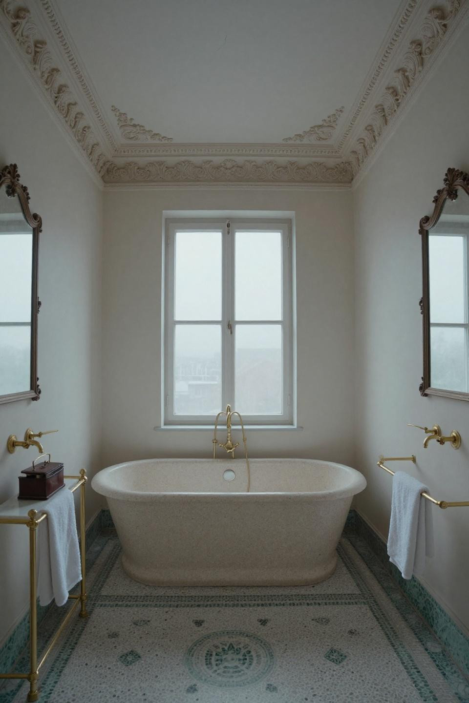 Victorian bathroom with freestanding terrazzo tub