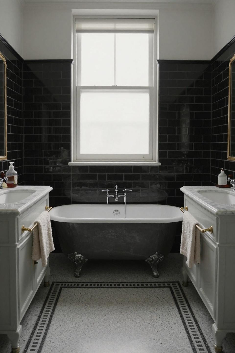 Victorian bathroom with symmetrical twin vanity stations