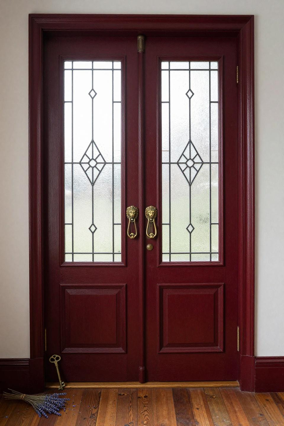 Double Door Entryway Exterior - Victorian etched glass with brass hardware