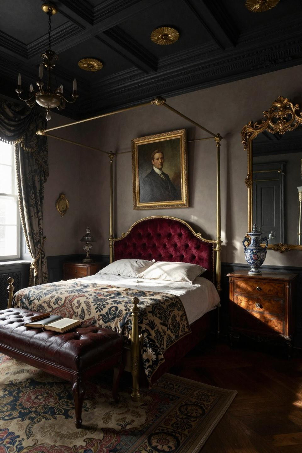 Expensive Bedroom Luxury - Victorian four-poster brass bed wine velvet