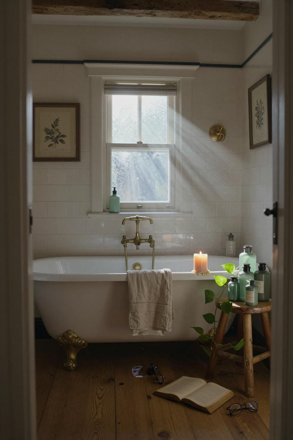 vintage bathroom aesthetic - mint green subway tile with botanical prints
