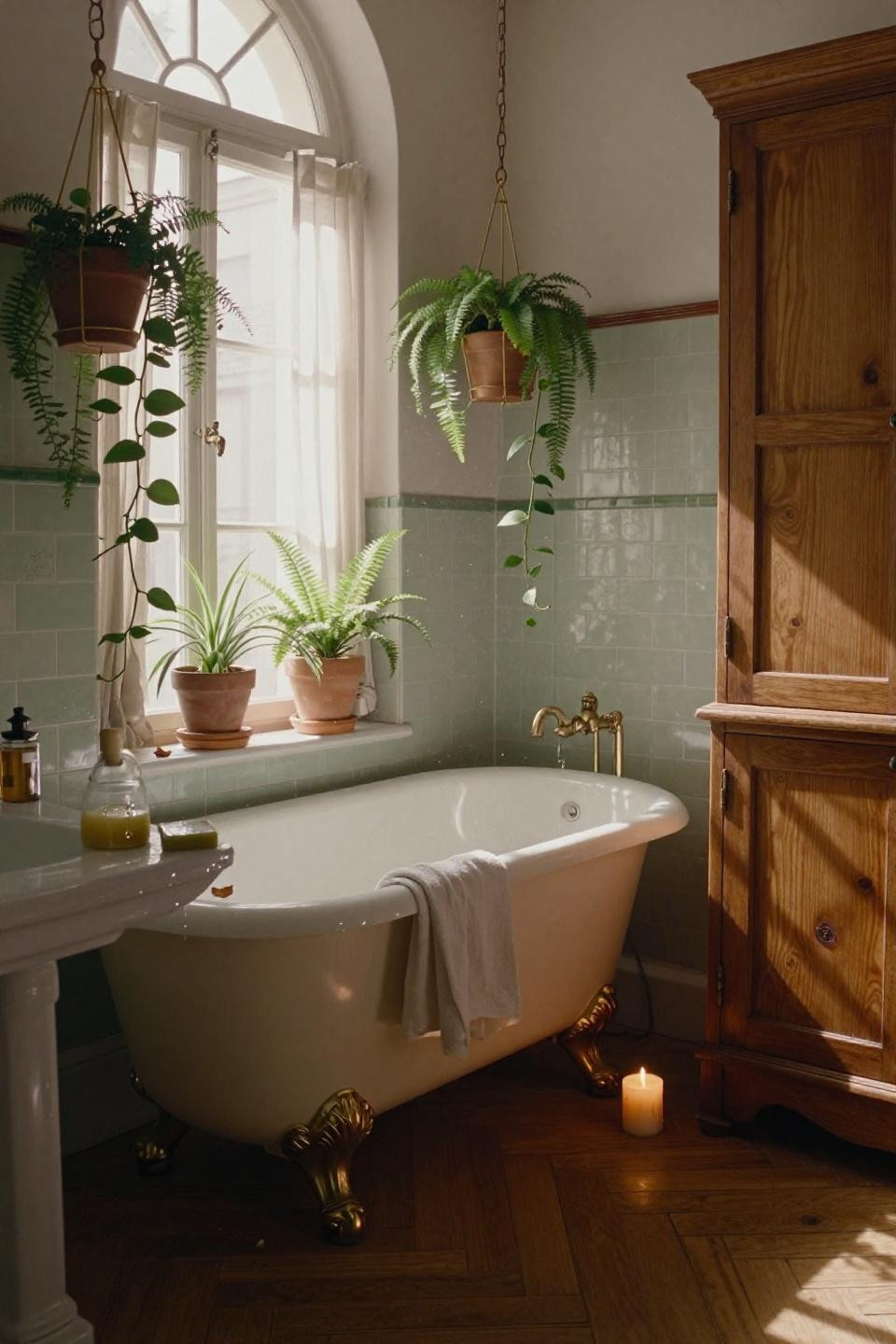 vintage style bathroom - clawfoot tub with cascading pothos vines