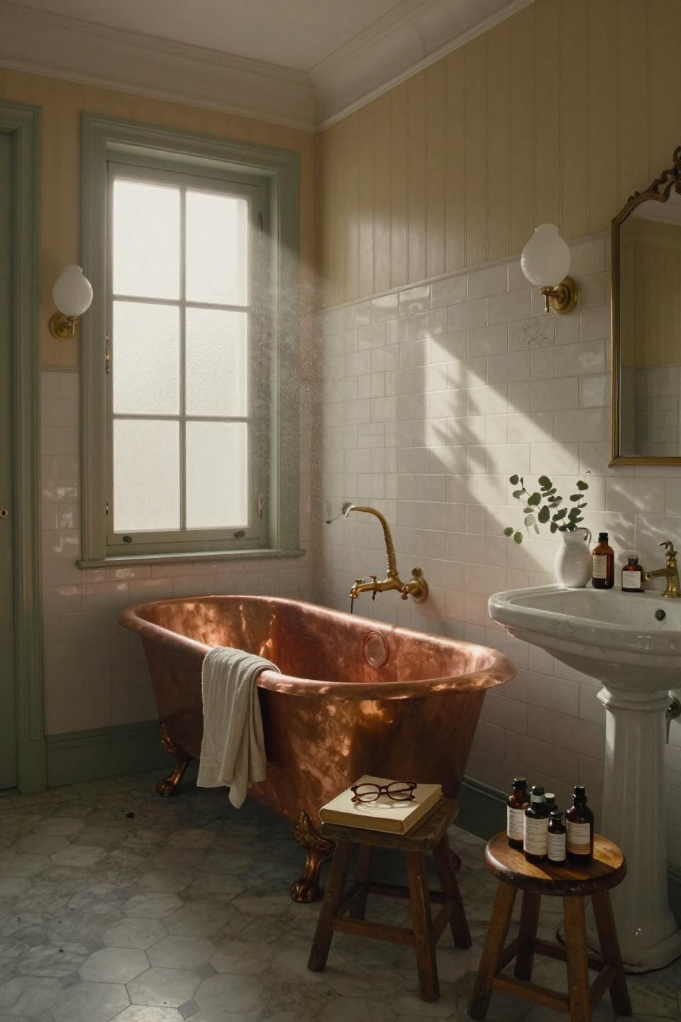 vintage bathroom inspiration - copper clawfoot tub with brass fixtures