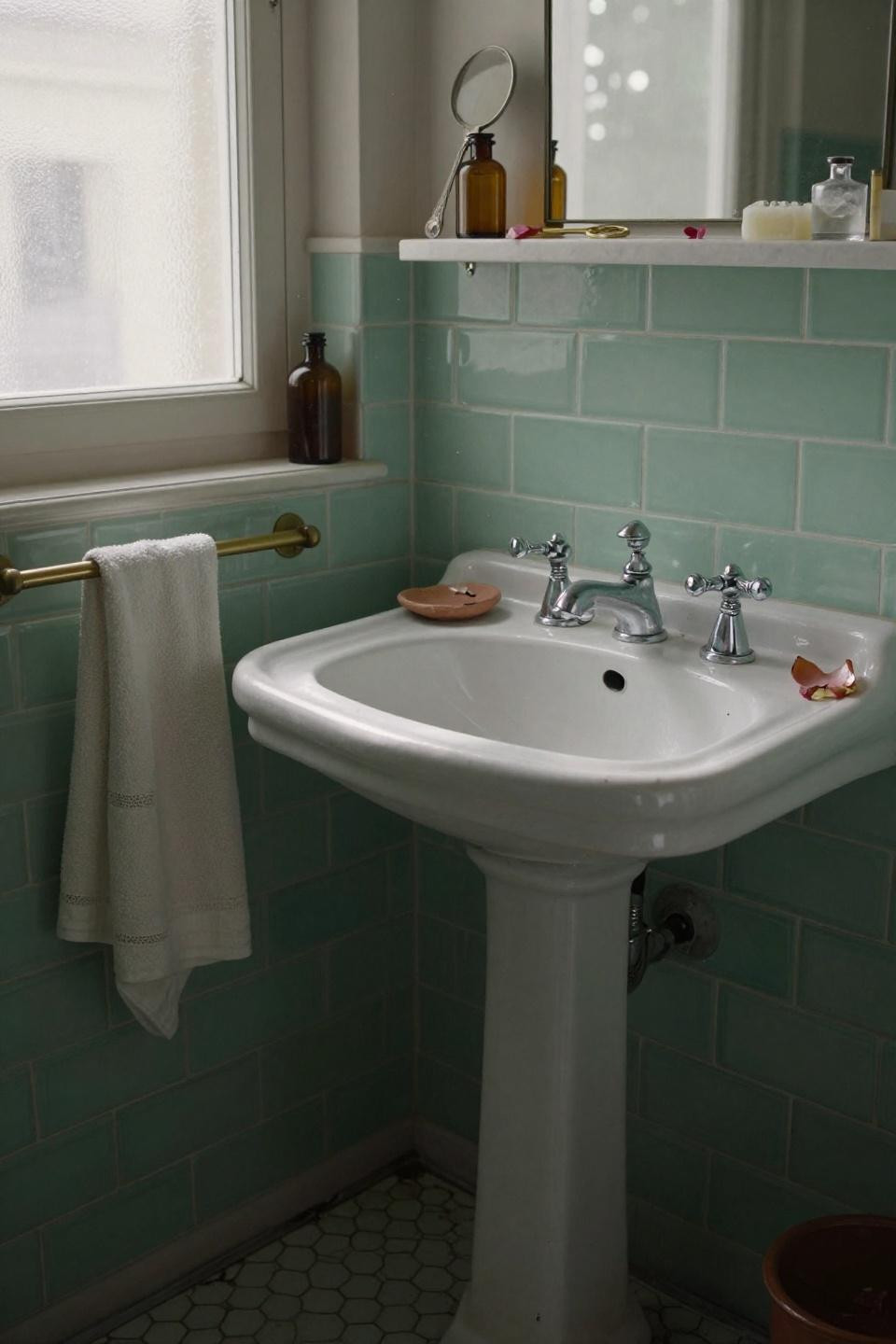 retro bathrooms 1950s - mint green subway tile with chrome fixtures