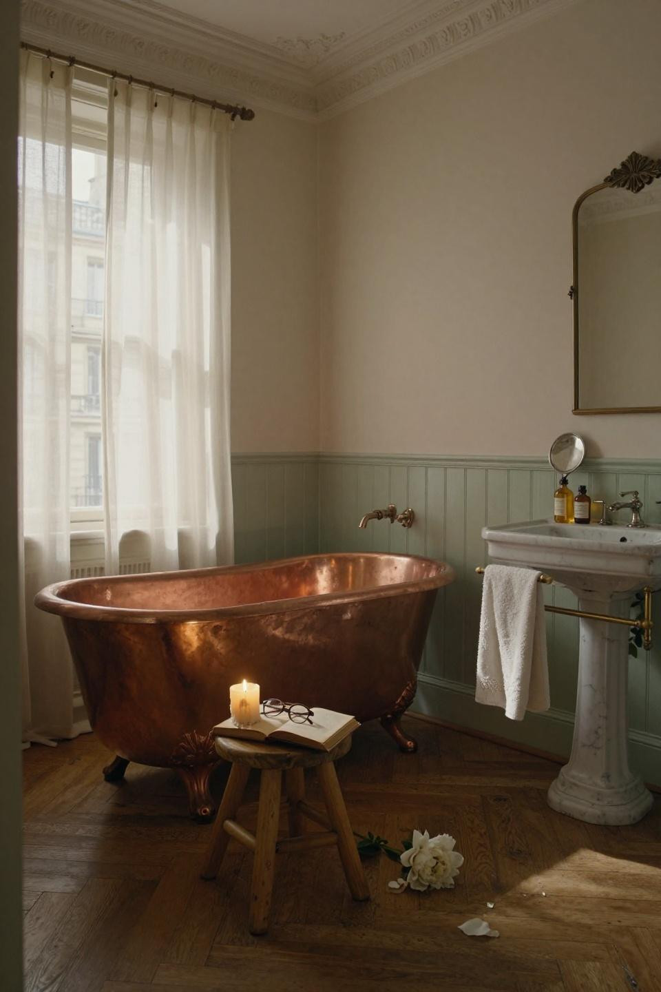 cozy bathroom - clawfoot copper tub in Parisian apartment