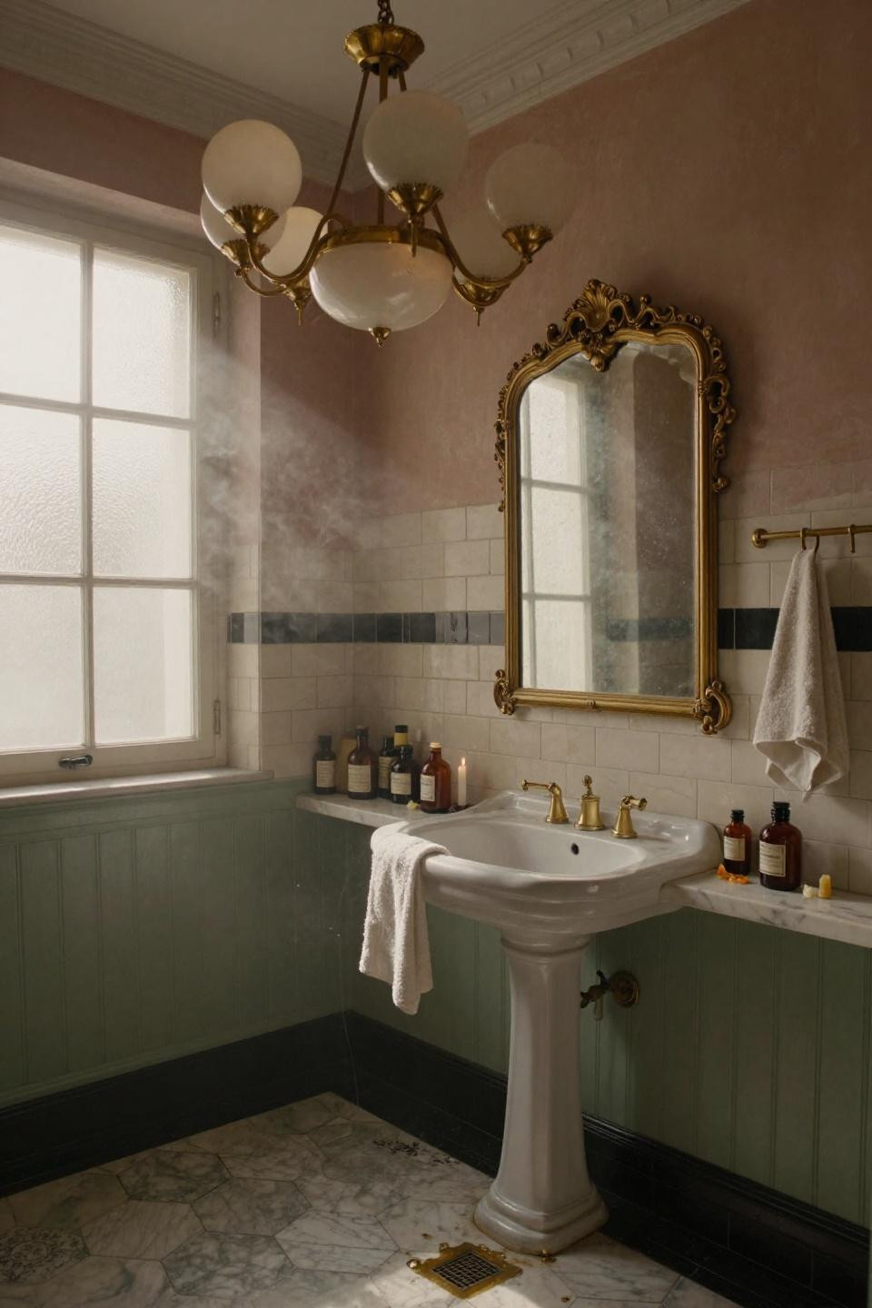 vintage bathroom aesthetic - Art Deco powder room with brass chandelier