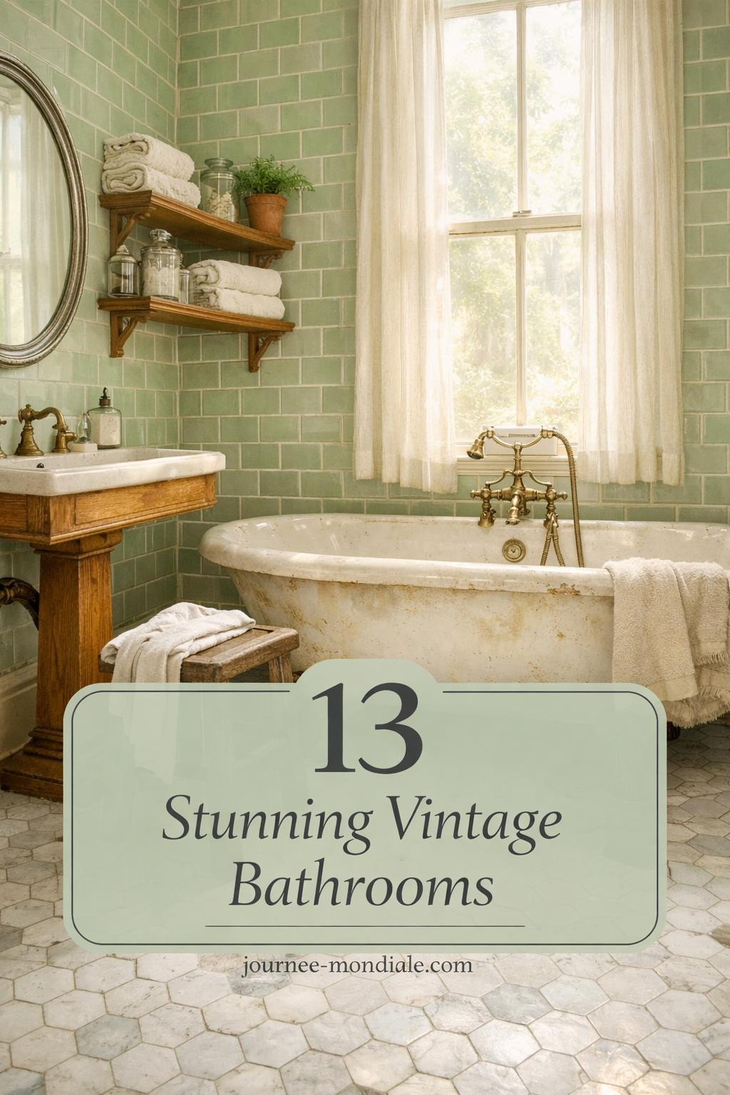 Elegant 1920s bathroom featuring freestanding clawfoot tub, pale mint green subway tiles, hexagonal marble floors, brass fixtures