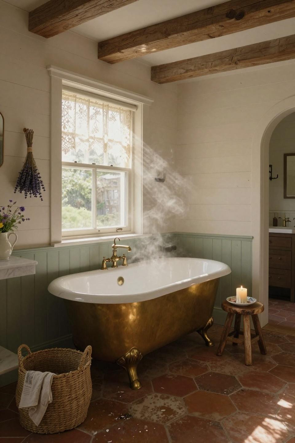 cottagecore bathroom - whitewashed shiplap with brass clawfoot tub