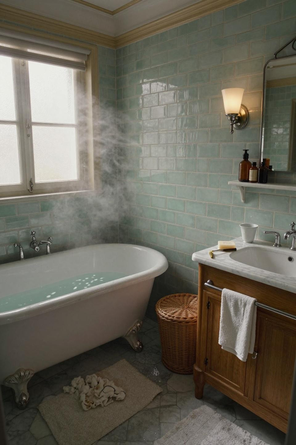 1920s bathroom - pale celadon subway tiles with marble floor