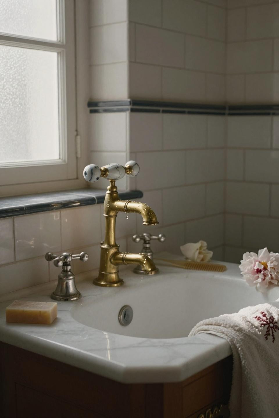 vintage bathroom design - unlacquered brass clawfoot faucet