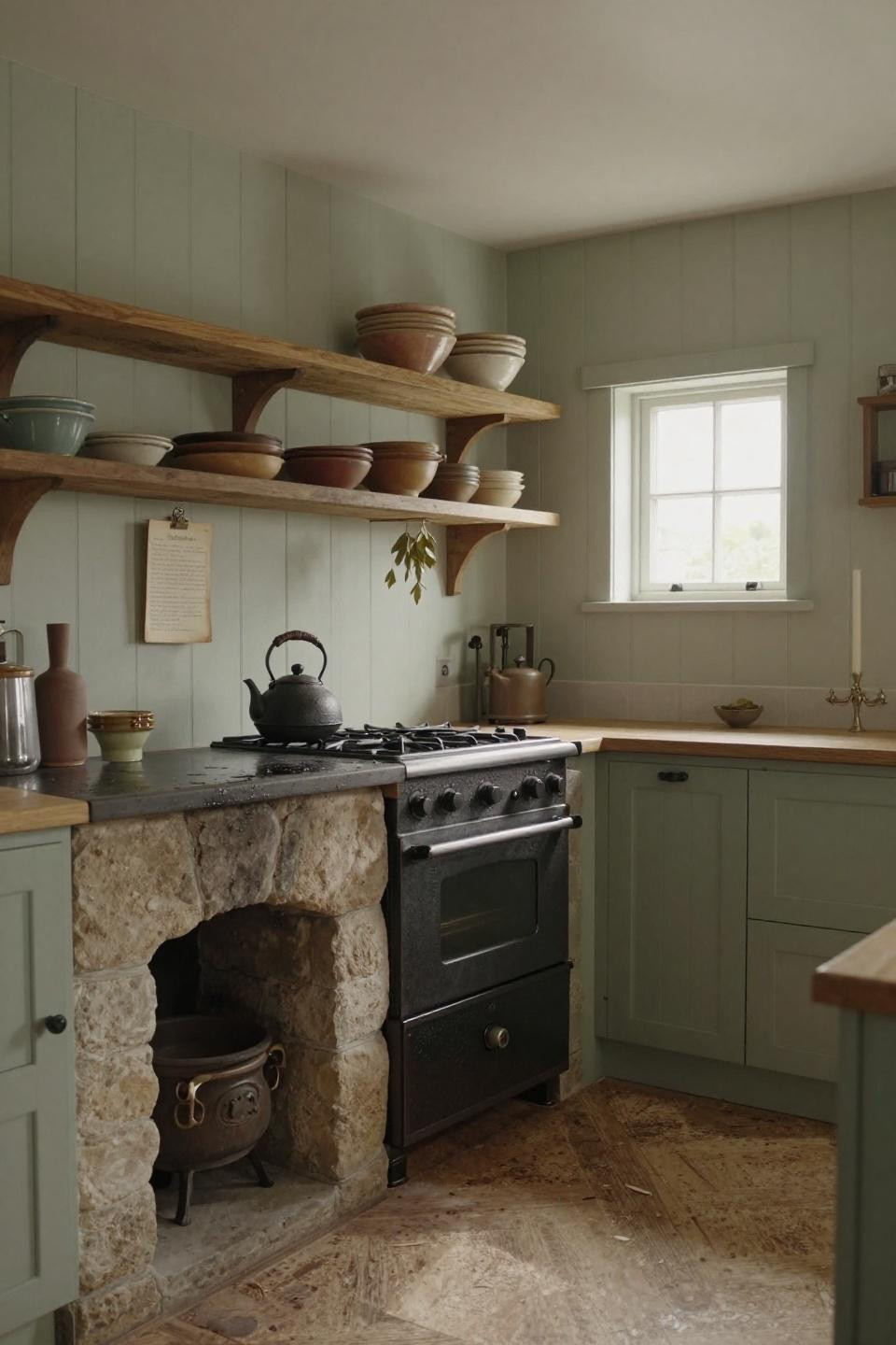 English Cottage Kitchens - cast-iron range in hearth alcove