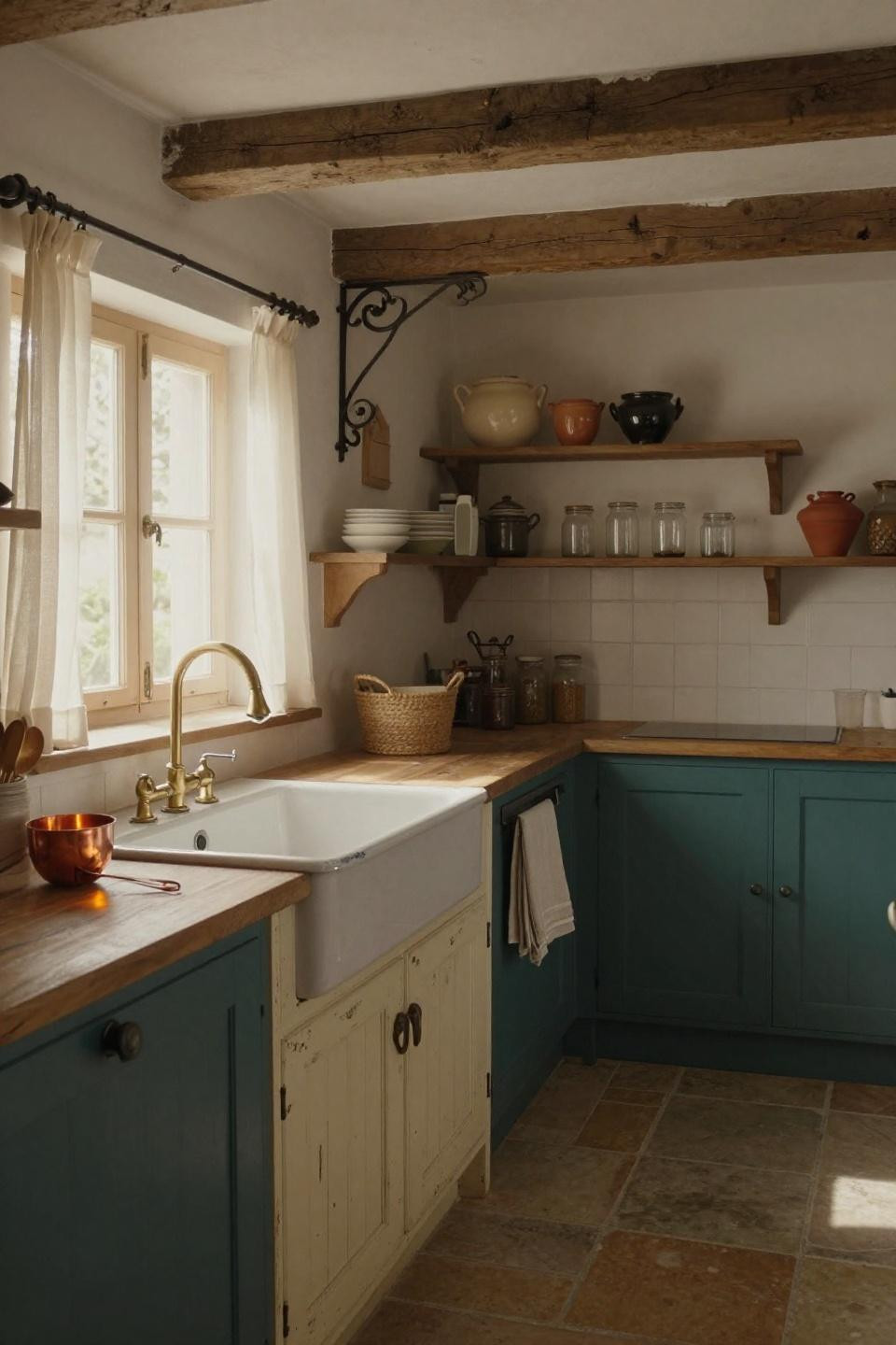 Cottage Kitchen - chipped cream pine cabinetry with brass faucet