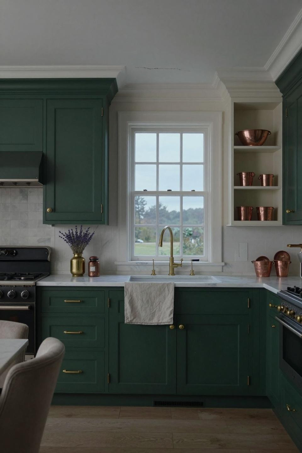 Cottage House Kitchen - forest green Shaker cabinetry with Carrara marble